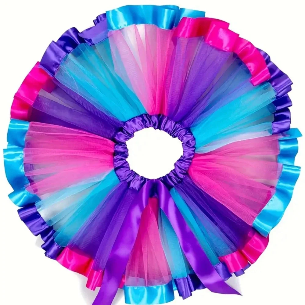 Girls Rainbow Tulle Tutu Skirt | Purple Blue Pink Ruffle Trim w/ Bow | Party